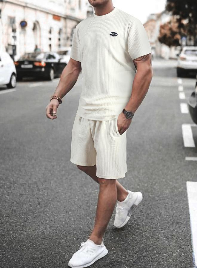 Take Two Men Cream Textured Short Sleeve Shirt and Drawstring Shorts Set - Image 1